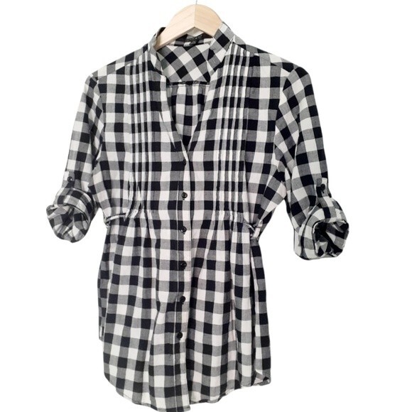 Coupe Collection Black and White Plaid Button Shirt Tie Waist Size Medium - Picture 3 of 15
